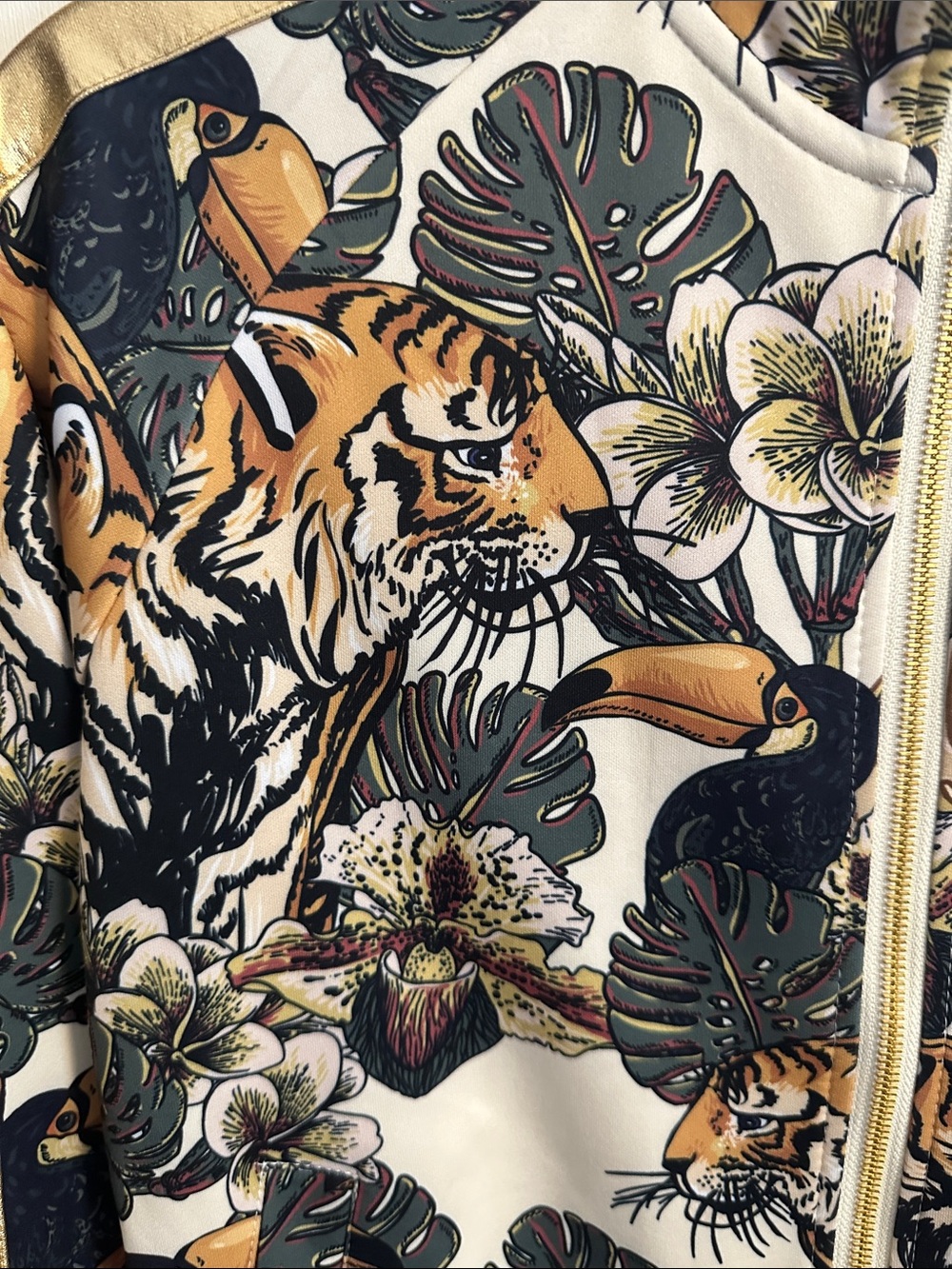 Tropical Tiger Print Bomber Jacket with Gold Accents - Picture 3 of 5